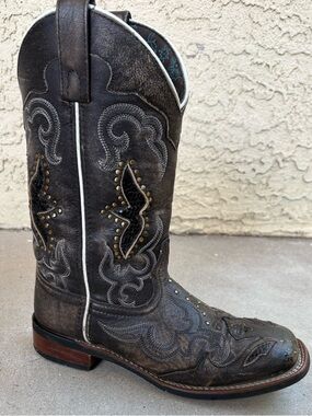 Laredo Women 8M Spellbound Studded Brown Leather Square Toe Western Cowboy Boots